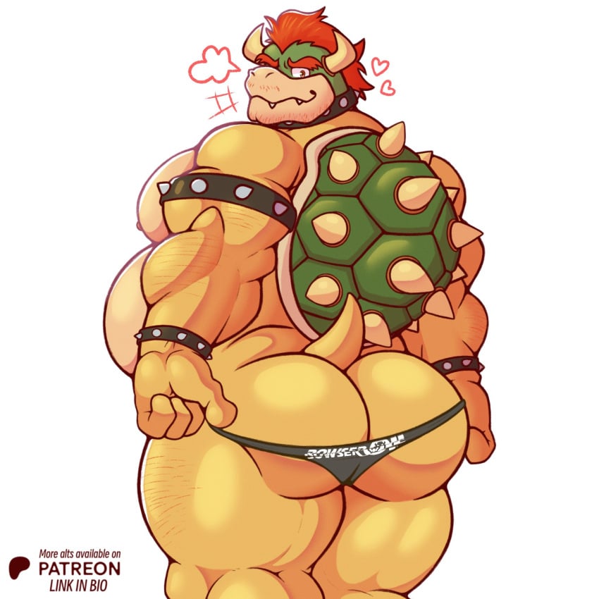 1:1 1boy 2025 2_horns 4_fingers anthro armband ass barazoku belly black_clothing black_thong black_underwear bowser bracelet bubble_butt clothing collar darkpolari english_description english_text fangs fingers furry furry_male furry_only hair heart_symbol hi_res horn jewelry koopa looking_back male male_only mario_(series) mouth_closed muscular muscular_anthro muscular_arms muscular_male nintendo rear_view red_eyes red_hair reptile scales scalie shell simple_background small_tail solo spiked_armband spiked_bracelet spiked_collar spiked_shell spikes spikes_(anatomy) tail teeth text thong triceps underwear white_background yellow_body yellow_scales