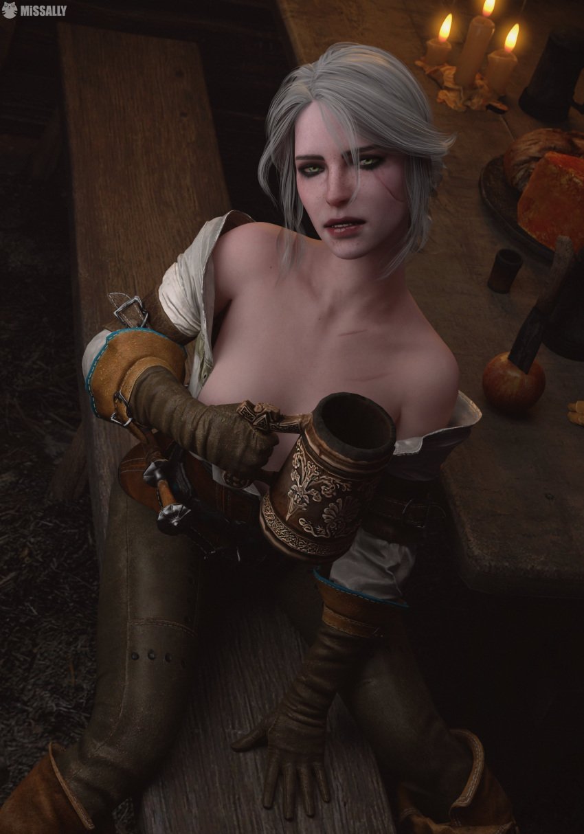 3d alcohol alcoholic_drink boots breasts cd_projekt_red ciri clothing female freckles gloves green_eyes light-skinned_female mascara missally no_bra scar seductive_eyes seductive_pose solo solo_female tavern the_witcher_(series) the_witcher_3:_wild_hunt undressing white_hair