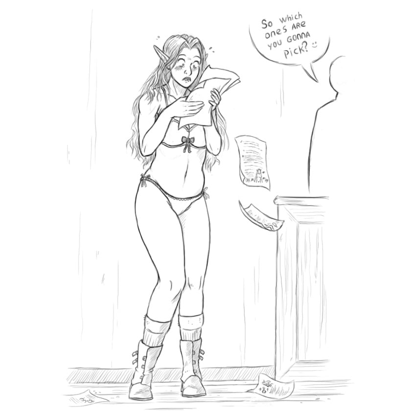 1girls bra elf elf_female english_text full_body monochrome original panties pointy_ears sketch speech_bubble underwear underwear_only wuulfenblade