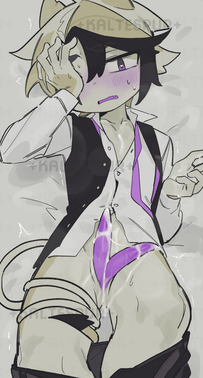 absurd_res after_masturbation after_orgasm animal_genitalia anthro blush blush_lines bodily_fluids bottomless bottomless_male clothed clothing cum cum_drip cum_on_chest cum_on_hand cum_on_own_chest cum_on_own_crotch cum_on_own_hand cum_on_own_penis cum_on_penis cum_on_self dipstick_tail distracting_watermark dripping emanata eyebrows fish genital_fluids genital_slit genitals grey_eyebrows hair heart_eyes heart_symbol hi_res high-angle_view kaltespur lying male marine markings multicolored_hair narrowed_eyes on_back open_mouth penis purple_blush purple_penis ray_(fish) solo stingray tail tail_around_own_leg tail_markings tapering_penis watermark