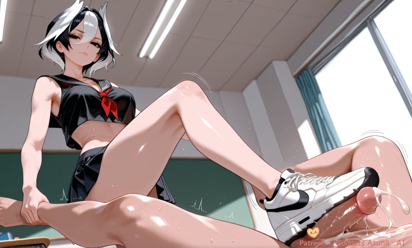 1boy ai_generated bare_shoulders black_eyes black_hair black_sailor_collar black_skirt breasts closed_mouth clothed_female_nude_male crop_top cum curtains ejaculation erection female femdom footjob goddessasunaai hair_between_eyes indoors large_breasts lying made_in_abyss midriff multicolored_hair nude on_back ozen penis pleated_skirt sailor_collar school_uniform serafuku shiny shiny_skin shoes short_hair sitting skirt sleeveless sneakers solo_focus straight sweat two-tone_hair uncensored white_hair window