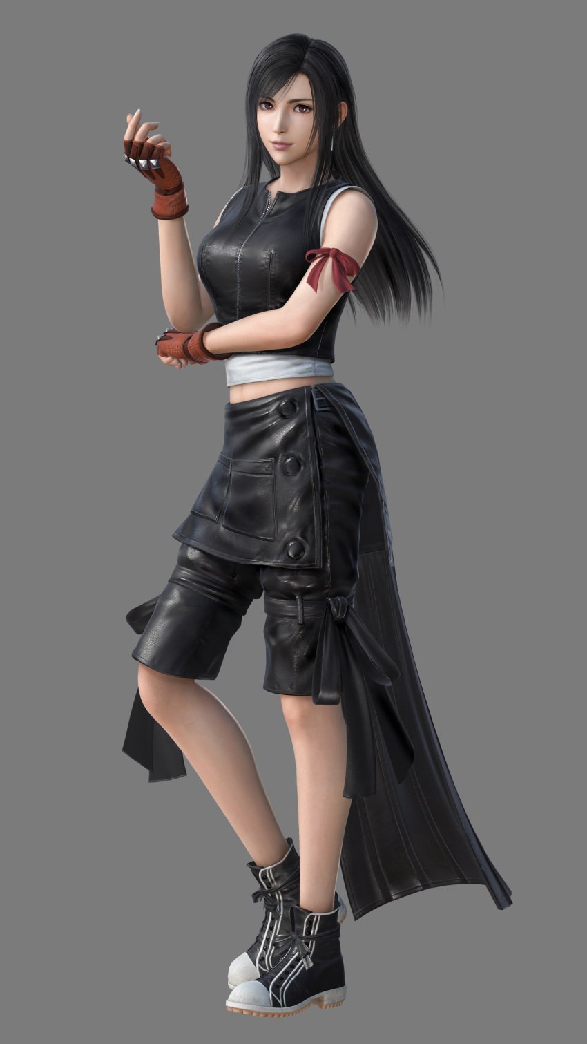 breasts brown_eyes clothed clothed_female dark_hair dissidia dissidia_final_fantasy earring final_fantasy final_fantasy_vii gloves leather_clothing legs long_hair looking_at_viewer official_art red_eyes ribbon shoes smile smiling tifa_lockhart