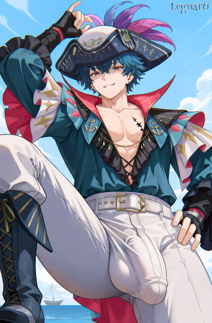 abs ai_generated aqua_hair balls_under_clothes blue_hair brant_(wuthering_waves) bulge_through_clothing handsome legnarti male male_only muscular muscular_male pectorals penis_under_clothes pirate_hat purple_eyes smirk tattoo tattoo_on_chest wuthering_waves