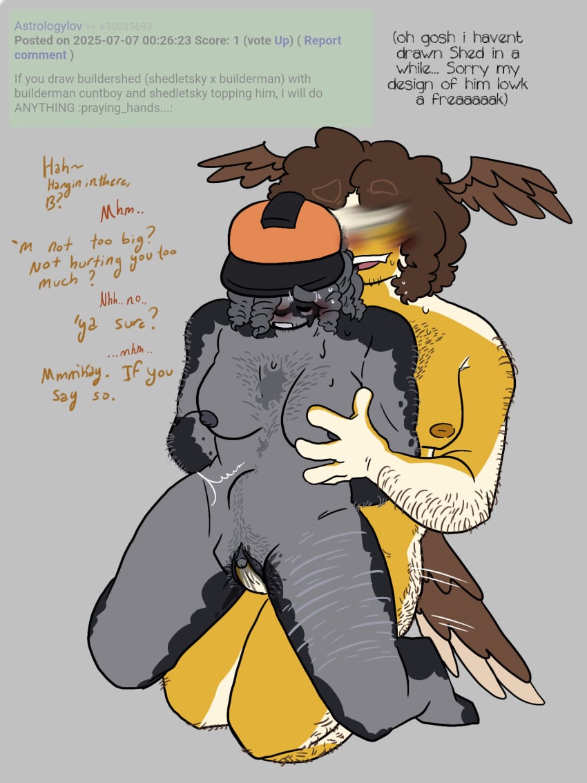 art_request belly_bulge builderman builderman_(forsaken) checking_on_partner closed_eyes eyes_not_visible hand_on_breast shedletsky shedletsky_(forsaken) sitting sitting_on_lap sweating thrusting_into_pussy