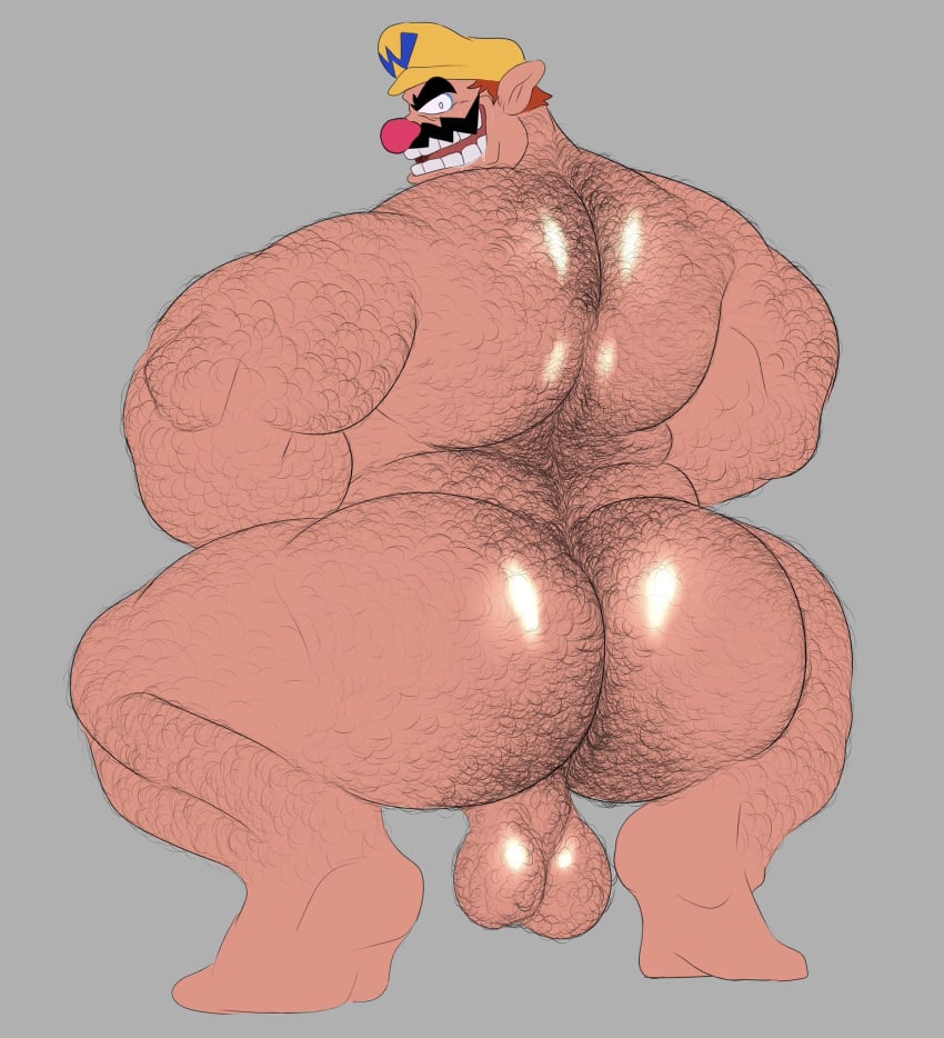 1boy ass ass_hair back_hair balls ballsack body_hair brown_hair facial_hair grin hairy_ass hairy_male hat human leg_hair looking_at_viewer male male_only mario_(series) moustache muscular muscular_male nintendo nude nude_male overweight overweight_male solo solo_male squatting super_mario_bros. testicles tute_bear wario yellow_hat