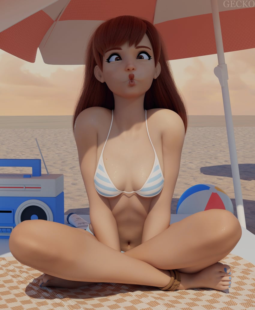 1girls 3d beach bikini blizzard_entertainment bra brown_hair crossed_legs d.va duck_face female female_focus female_only front_view geckoscave outside overwatch overwatch_2 panties small_breasts striped_bikini teenage_girl teenager toes underwear