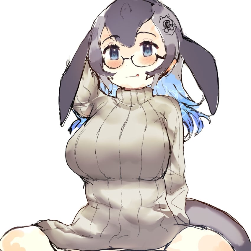 :q anchor_hair_ornament animal_ears bangs big_breasts black_hair blue_eyes blue_hair blue_whale_(kemono_friends) blush breasts cetacean_tail clothing crusaderkun5 eyewear female fish_tail glasses grey_hair hair_between_eyes hair_ornament kemono_friends large_breasts licking_lips long_hair long_sleeves looking_at_viewer multicolored_hair ribbed_sweater semi-rimless_eyewear sitting smile solo spread_legs sweater sweater_dress tail tongue tongue_out turtleneck turtleneck_sweater under-rim_eyewear