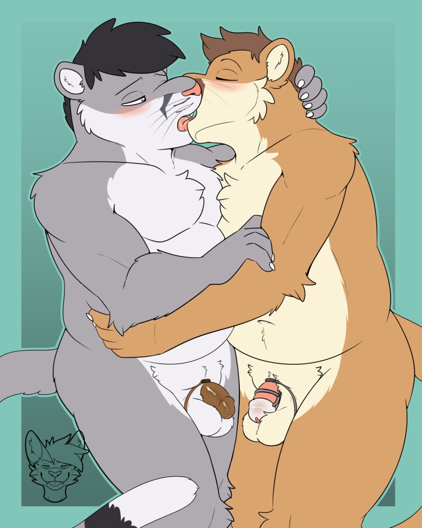 anthro anthro_on_anthro balls blush bodily_fluids cage chastity_cage chastity_device cougar duo felid feline genitals hi_res humanoid_genitalia humanoid_penis kingdraws kissing male male/male mammal penis saliva slightly_chubby tongue whiskers