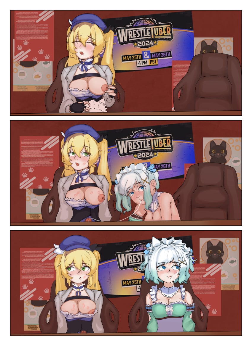 2girls areolae blonde_hair breasts breasts_out censored comic_page comic_panel cum dokibird dokibird_(vtuber) eating_out futanari green_hair hat indie_virtual_youtuber light_skin mint_fantome nipples oral oral_sex oznel panel penis pixelated semen sneaky sperm tagme twintails virtual_youtuber vtuber white_hair yellow_hair yuri