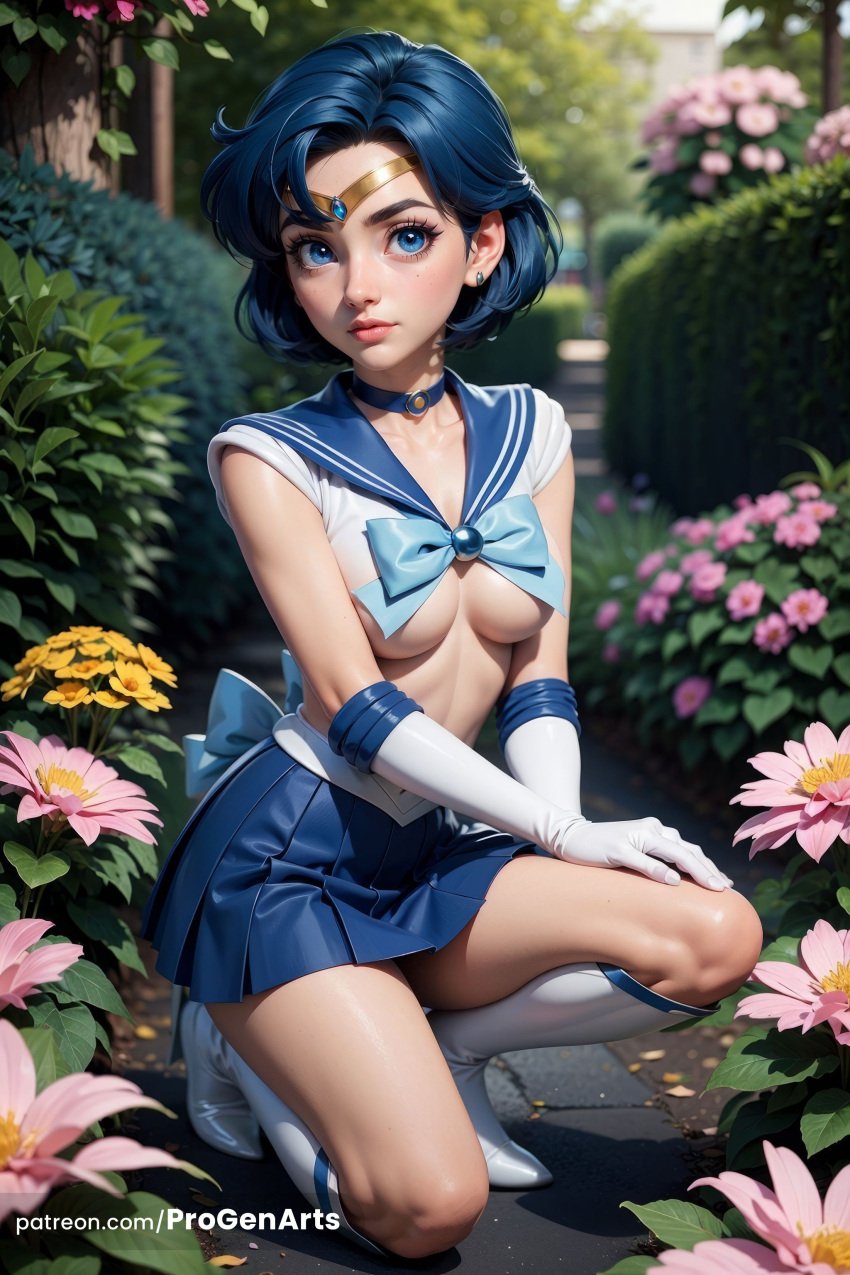 1girls ai_generated ami_mizuno artist_name back_bow bishoujo_senshi_sailor_moon blue_bow blue_bowtie blue_choker blue_eyes blue_hair blue_sailor_collar blue_skirt blurry boots bow breasts bush choker circlet day earrings elbow_gloves flower full_body gloves hi_res jewelry knee_boots lips looking_at_viewer magical_girl medium_breasts miniskirt mizuno_ami nose on_one_knee outdoors parted_lips patreon_username pleated_skirt progenarts realistic sailor_collar sailor_mercury sailor_senshi_uniform short_hair skirt solo squatting stud_earrings underboob watermark web_address white_footwear white_gloves