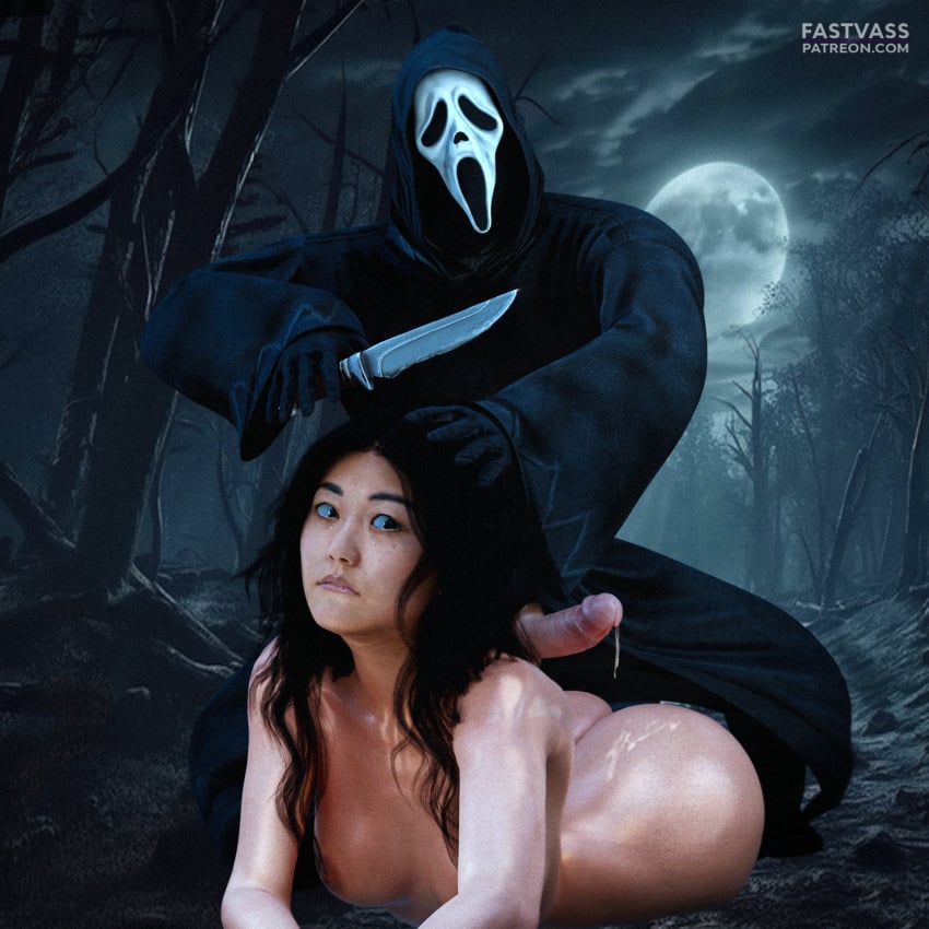 1boy 1girls ass black_hair breasts captured crossover erect_penis fastvass female_humiliation ghostface_(scream) karen_fukuhara kimiko_(the_boys) kimiko_miyashiro knife mask nsfw penis precum precum_on_ass pussy scream_(franchise) the_boys