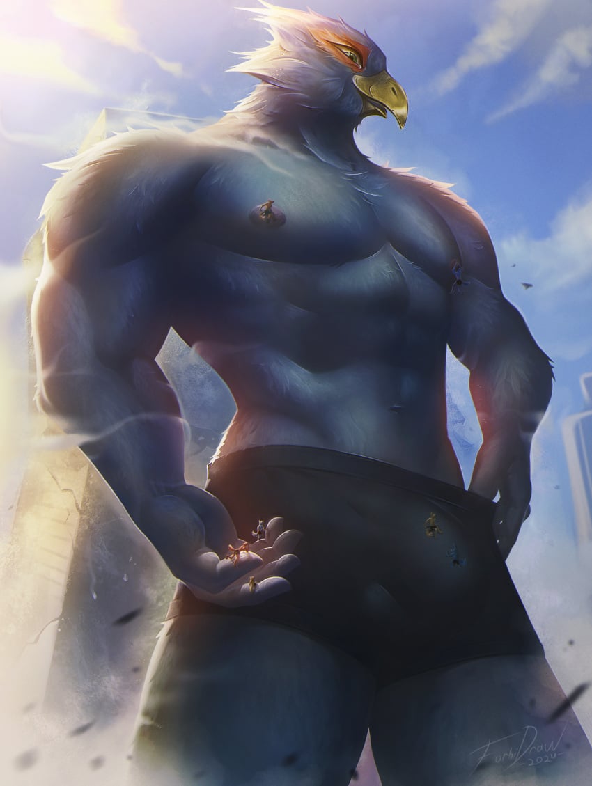 absurd_res anthro avian backlighting beak bird black_clothing black_underwear blue_body blue_feathers boxer_briefs building bulge canid city clothing detailed_bulge falco_lombardi feathers forbiddendraws genital_outline hi_res huge_filesize light lighting looming low-angle_view macro male mammal muscular muscular_male nintendo nipples non-mammal_nipples solo star_fox underwear worship