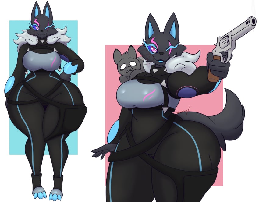 2023 5_fingers absurd_res ambiguous_gender anthro big_ass big_breasts black_body black_bodysuit black_clothing black_fur black_skinsuit blue_sclera bodysuit boots breasts canid canine canis cheek_tuft clothing dewwydarts dewwydartz domestic_pig dumptruck_ass duo epic_games facial_tuft fat_ass female fingers footwear fortnite fur fur_trim_(clothing) furry gigantic_ass gun handgun hi_res highwire_(fortnite) holding_gun holding_handgun holding_object holding_ranged_weapon holding_revolver holding_weapon huge_ass huge_thighs mammal markings one_eye_closed pack_leader_highwire pink_eyes pink_markings ranged_weapon revolver shoes simple_background skinsuit solo solo_focus sparerations_(dewwydartz) standing suid suina sus_(pig) thick_thighs thigh_gap tight_clothing tuft weapon wide_hips wink wolf