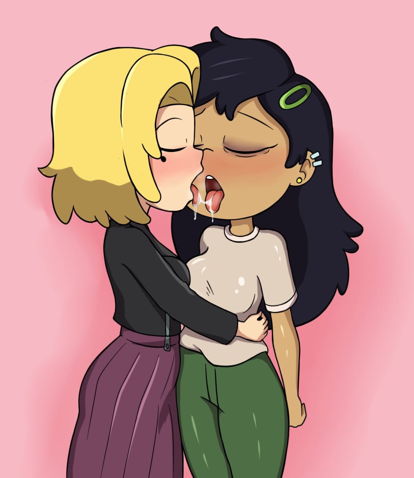 2girls aged_up amphibia amphibia_(finale) ass blauh_o bodily_fluids breasts disney female female_focus female_only kissing marcy_wu sasha_waybright tongue tongue_out wide_hips yuri