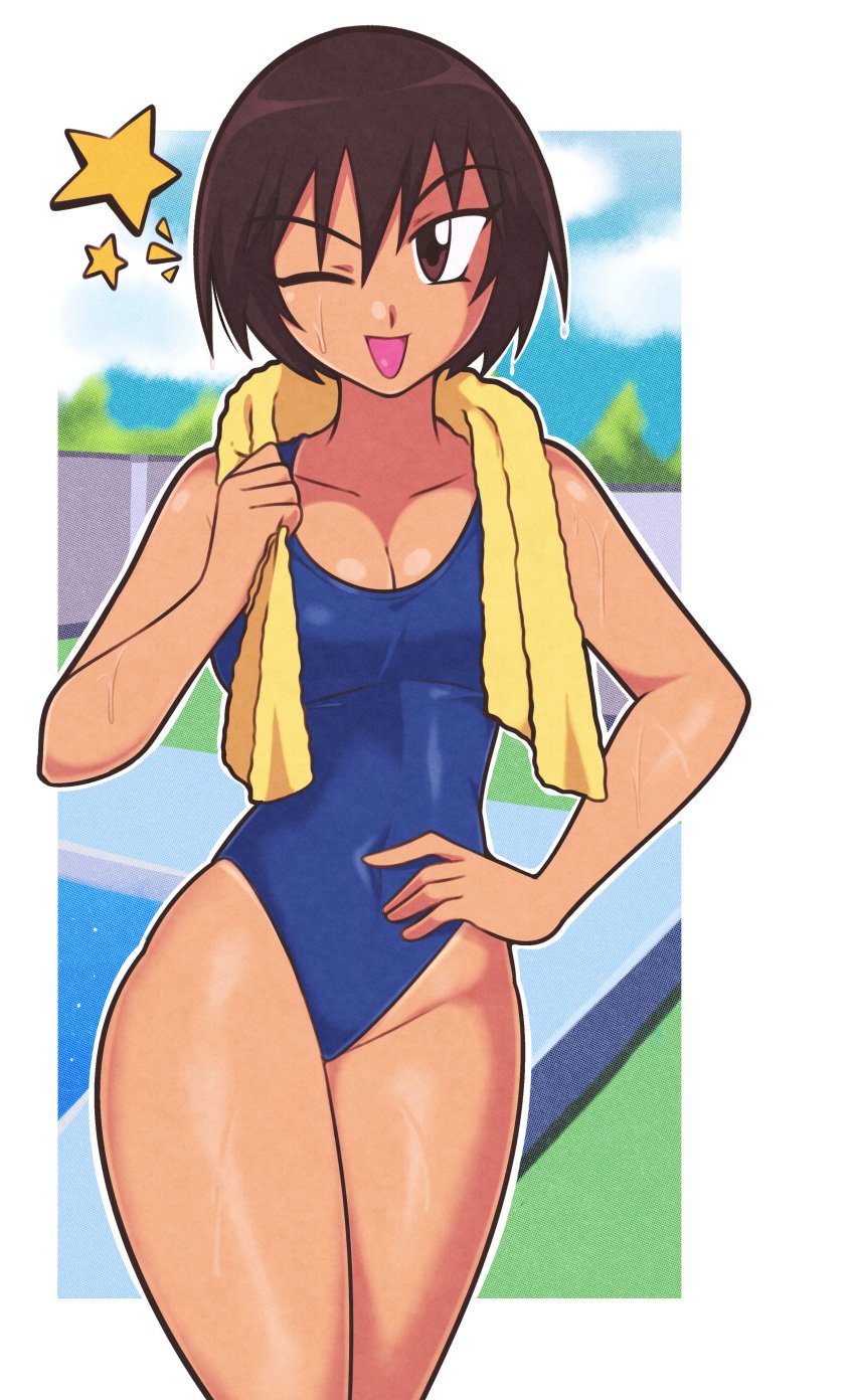 azumanga_daiou blue_swimsuit breasts dark-skinned_female hi_res hip_dips hips jeffmiga kagura_(azumanga_daiou) looking_at_viewer open_mouth outdoors outside pool school_swimsuit smile star swimsuit tan_body thick_thighs thighs tomboy water wet wide_hips wink