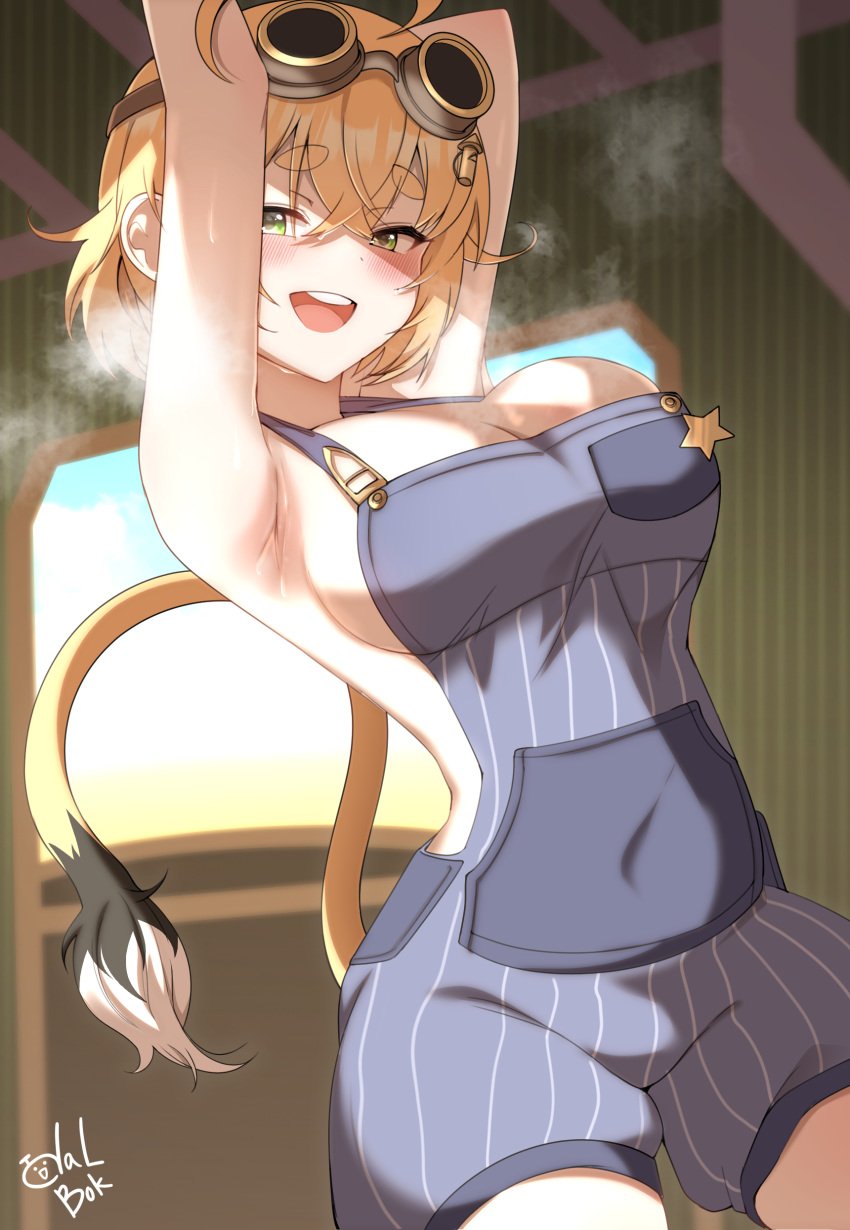 artist_name blonde_hair blush cleavage cleavage_overflow conductor_uniform dooby3d gloves goggles green_eyes hips indie_virtual_youtuber jerboa jerboa_humanoid looking_at_viewer naked_under_clothes open_mouth sideboob sweat tail todalbok train train_interior virtual_youtuber wakipai watermark