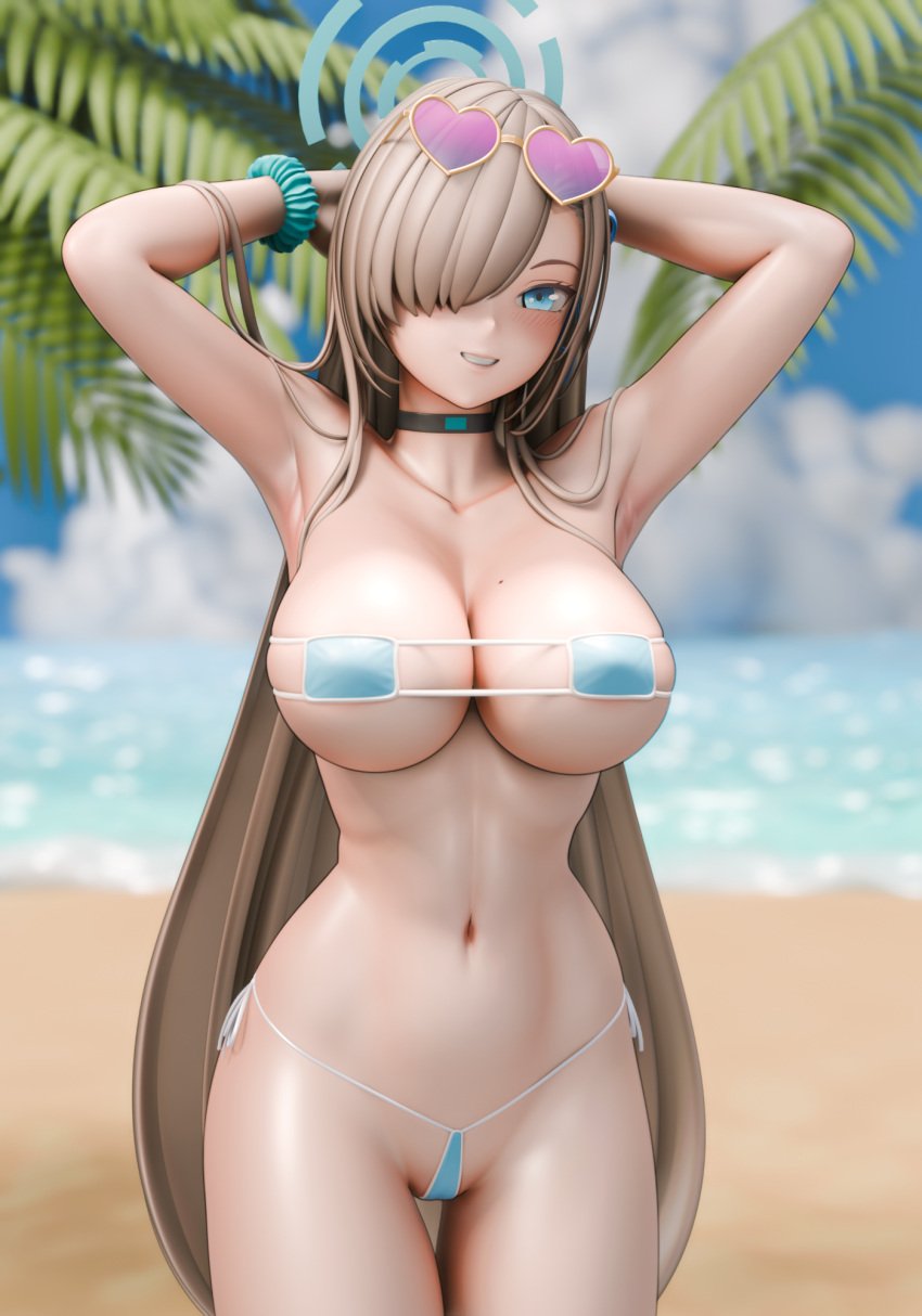 1girls 3d 3d_(artwork) 3dbrokoli armpits asuna_(blue_archive) beach big_breasts bikini blonde_hair blue_archive blue_eyes blush choker clouds eyepatch_bikini female female_only halo hands_behind_head large_breasts long_hair looking_at_viewer palm_tree sea smiling sunglasses swimsuit