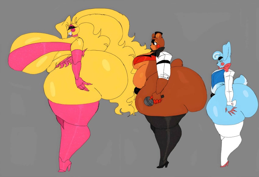 1girls 2boys 2boys1girl bulge clothed_female clothed_male enormous_ass enormous_breasts five_nights_at_freddy's five_nights_at_freddy's_2 fnaf heavensthroat high_heels huge_ass huge_thighs lipstick long_hair microphone sharp_teeth smaller_male taller_girl toy_bonnie_(fnaf) toy_chica_(fnaf) toy_freddy_(fnaf) yellow_hair