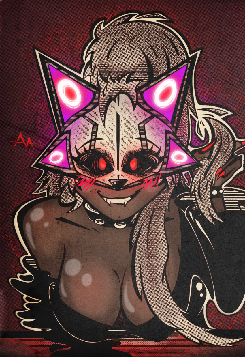 1girls artichoke02 bare_shoulders biting_lip black_sclera black_shirt bloodfiend blush blush_lines blushing_at_viewer collar crazy_eyes dark-skinned_female dark_background dark_skin eyebrows eyelashes fangs heart-shaped_pupils large_breasts library_of_ruina lips long_hair looking_at_viewer loose_clothes mask masked masked_female meow_(library_of_ruina) messy_hair neon_lights penordestoroyer ponytail project_moon red_eyes red_nails sharp_teeth white_hair wrist_cuffs