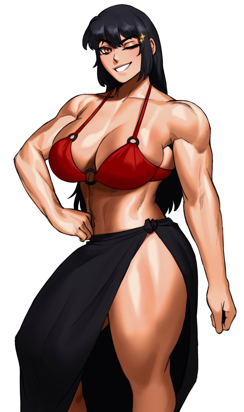 1girls big_breasts bikini_top black_hair commission female female_only hand_on_hip long_hair looking_at_viewer muscular muscular_female orange_eyes smiling smiling_at_viewer solo sotcho teeth_showing thick_thighs very_high_resolution white_background wink winking_at_viewer