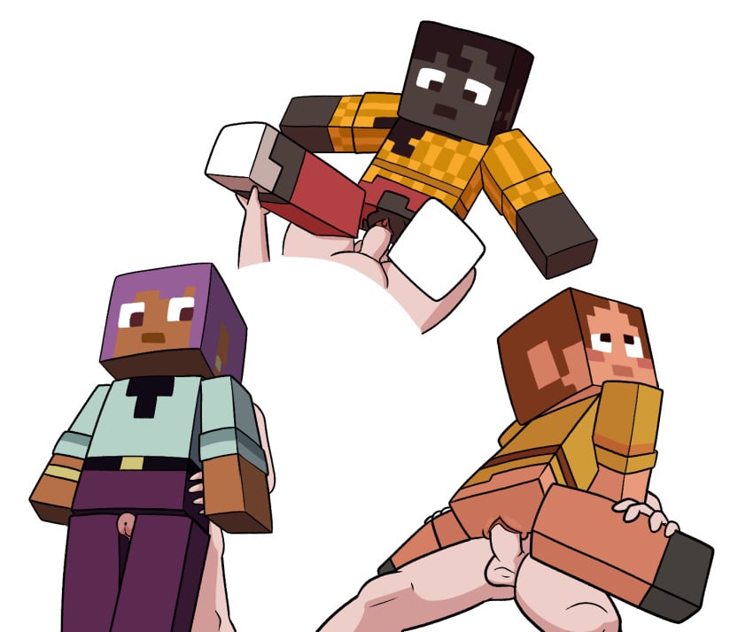 3boys 3girls accurate_art_style ari_(minecraft) cowgirl_position cube_head cubic_body efe_(minecraft) emotionless impstripe makena_(minecraft) microsoft minecraft missionary_position mojang thigh_sex