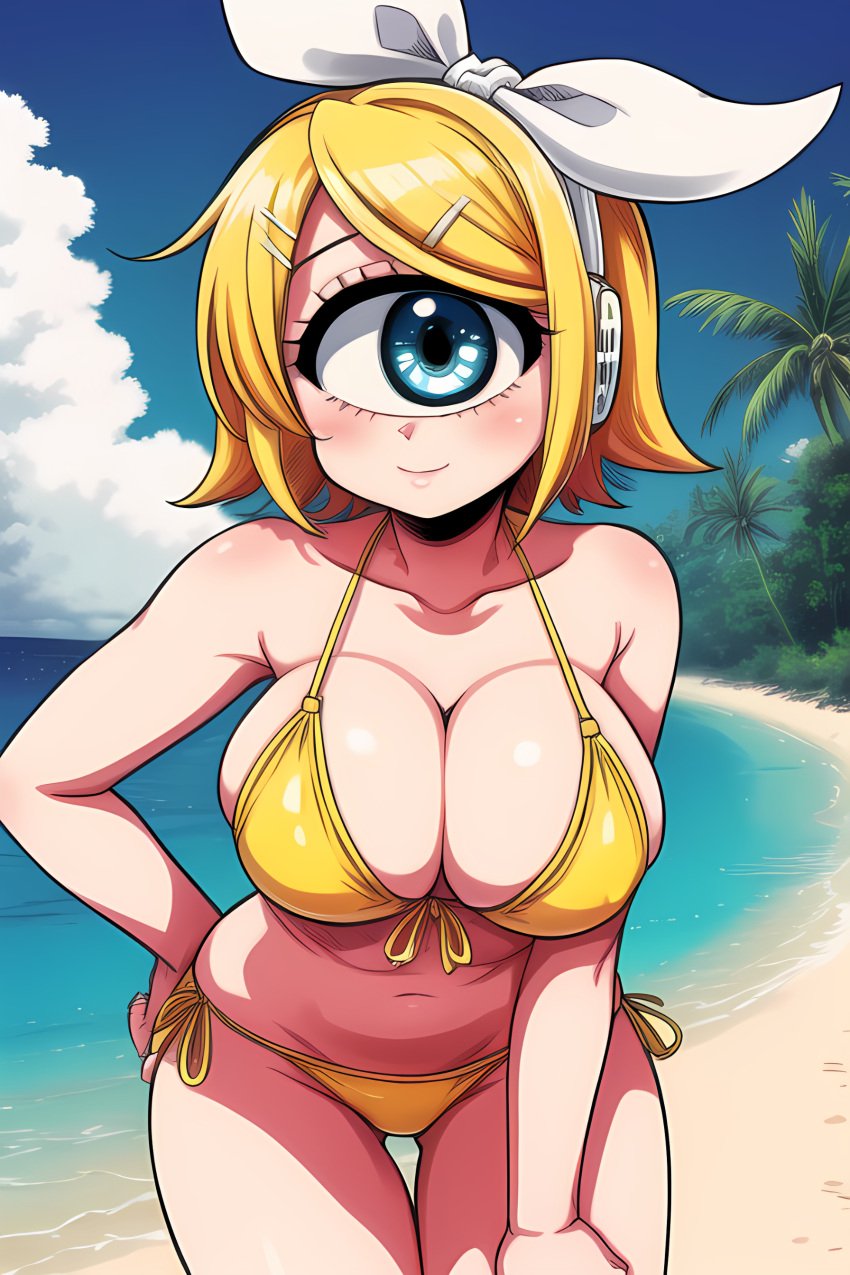 ai_generated beach bikini blonde_hair blush cyclops female hairpin happy huge_breasts kagamine_rin ocean short_hair smile vocaloid white_bow white_hair_bow yellow_bikini