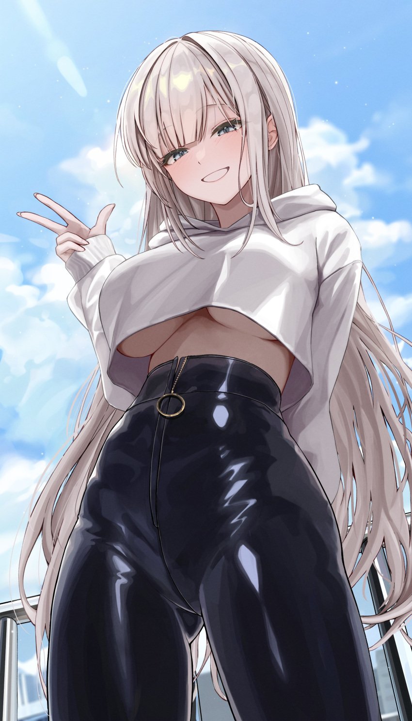 1girls black_pants cameltoe clothes clothing crop_top crop_top_hoodie cropped_hoodie from_below grin gwan-e hoodie leather leather_clothing leather_pants long_hair looking_at_viewer looking_down no_bra no_bra_under_clothes original original_character pants sky smile underboob v white_eyes white_hair yukino_lynn zipper