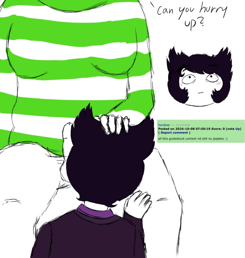 2boys bec_harley becquerel_harley black_hair cat_boy erection freaky gay gay_genitals gay_sex guidestuck homestuck implied_oral jaspers_lalonde mspfa partially_clothed request touching_hair yaoi