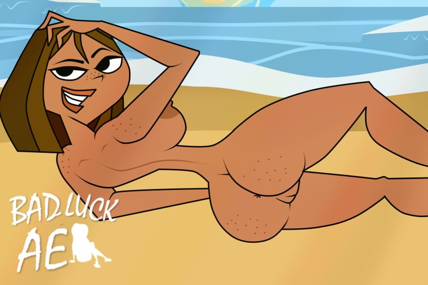 2d ass badluckae brown_hair bubble_butt busty courtney_(tdi) dark-skinned_female dark_skin female female_focus female_only freckles hourglass_figure short_hair sideboob smile total_drama_island wide_hips