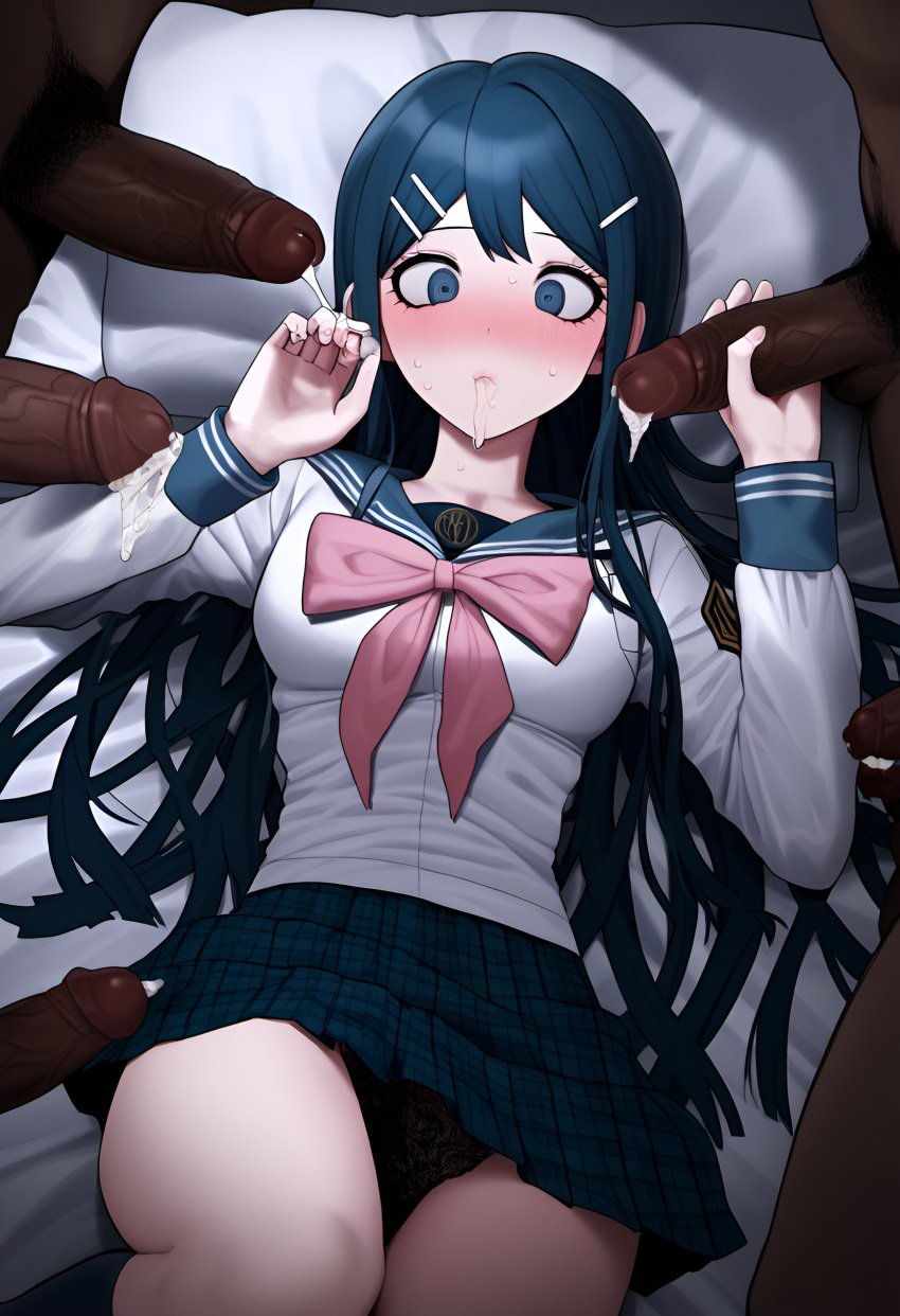 1girls ai_generated cum_in_mouth danganronpa danganronpa:_trigger_happy_havoc dark-skinned_male light-skinned_female maizono_sayaka multiple_boys on on_back on_bed surrounded_by_penises upskirt