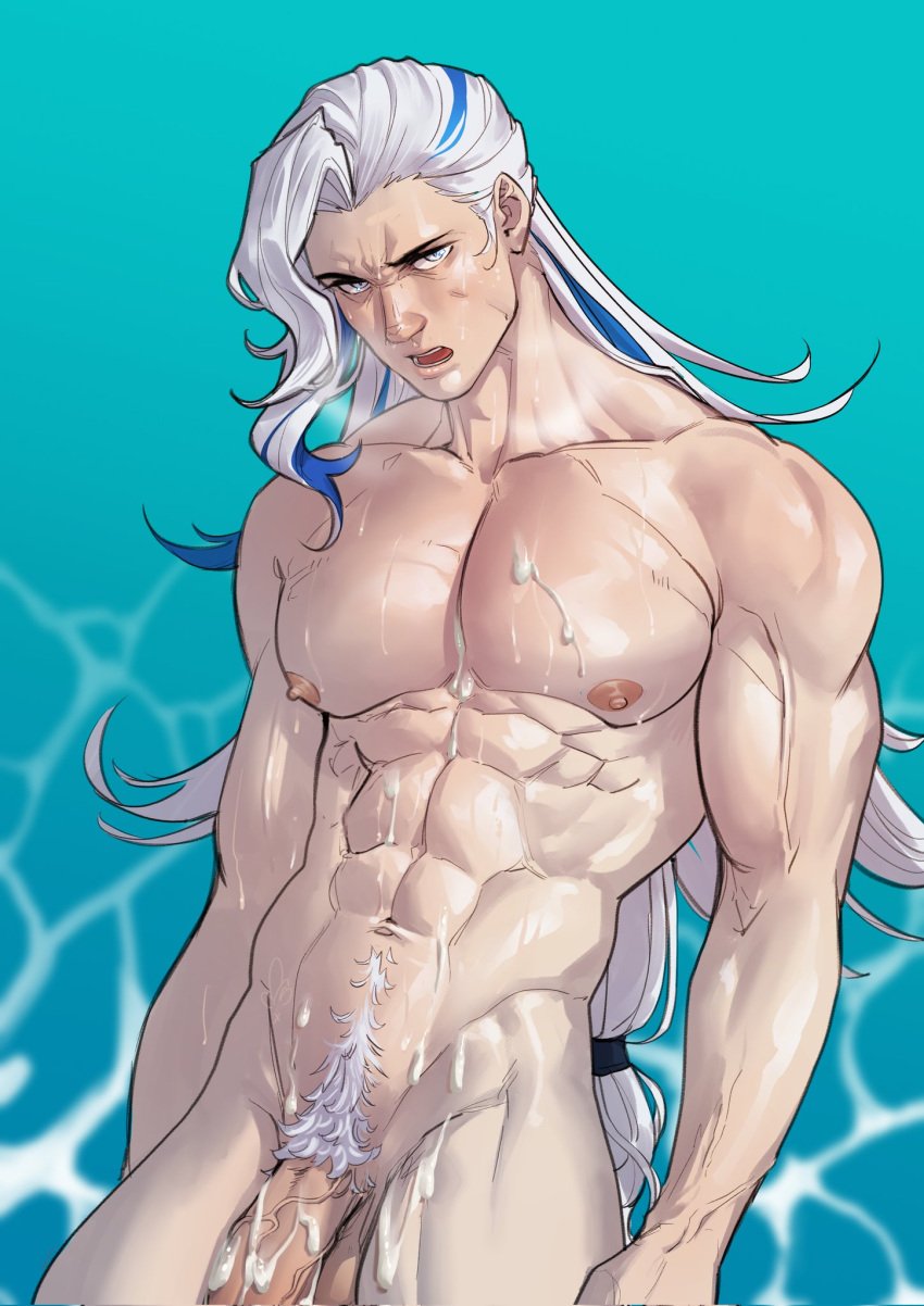 1boy abs after_sex balls bara bara_tiddies bara_tits bicolored_hair big_pecs blue_background blue_hair busty covered_in_cum cum cum_dripping cum_on_abs cum_on_body cum_on_chest cum_on_own_body cum_on_pecs cum_on_pectorals cum_on_penis cum_on_stomach erect_nipples flaccid flaccid_penis genshin_impact hair_strand heavy_sweating human human_only light-skinned_male light_skin long_hair long_hair_male looking_at_viewer male male_chest male_focus male_nipples male_only manboobs moobs multicolored_hair muscles muscular muscular_male muscular_shoulders naked neuvillette_(genshin_impact) nipples nude nude_male open_mouth pale-skinned_male pale_skin pecs pectorals penis pubic_hair simple_background six_pack solo solo_focus standing sweat sweatdrop sweating sweaty thick_cum veiny_muscles veiny_penis wallyandpeeps white_hair white_pubic_hair yaoi