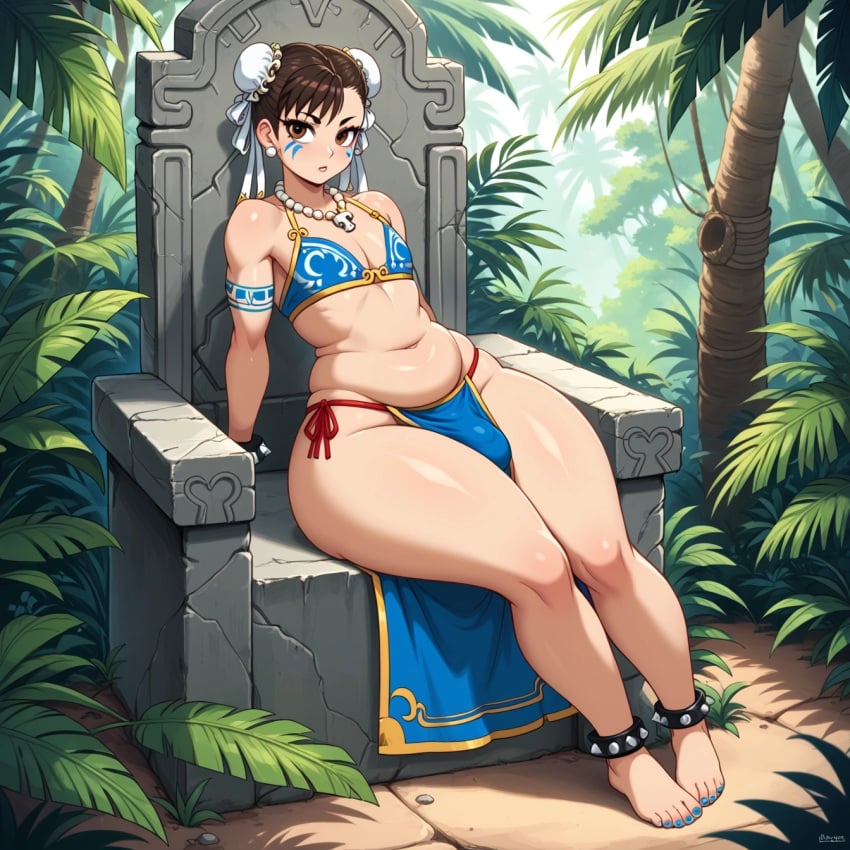 1boy ai_generated anklewear blue_nails bone_necklace bra brown_hair bulge chun-li earrings fat_belly femboy girly huge_butt huge_hips jungle loincloth male necklace plump scorpyfemboy sexy.ai solo street_fighter thick_thighs throne tribal tribal_clothing tribal_jewelry tribal_paint tribal_tattoo wide_hips wristband