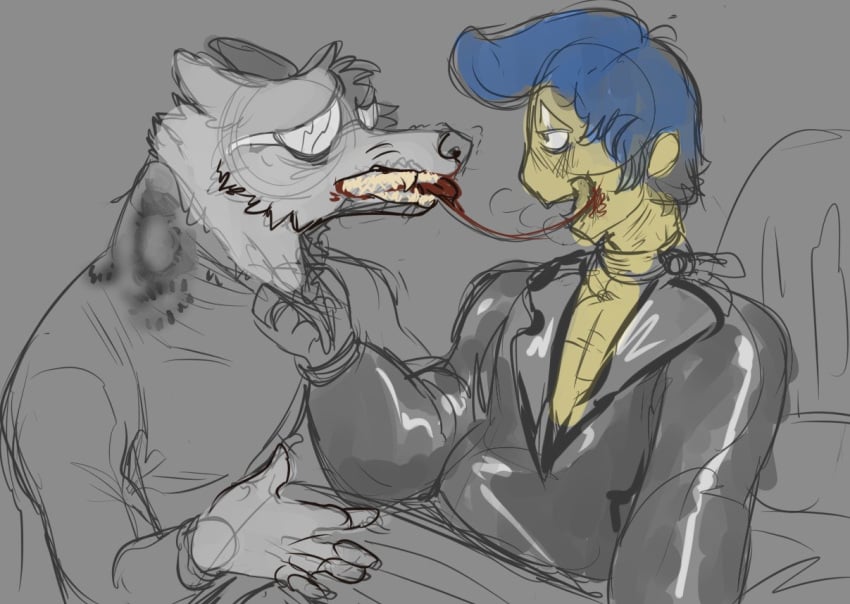 anthro blood bodily_fluids bruised canid canine canis canon_x_oc clothing duo humanoid male mammal oc_x_canon puppy_meats shirt teeth topwear wally_darling welcome_home wolf