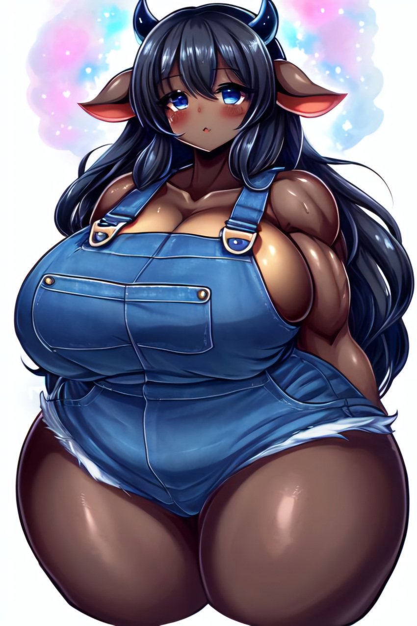 ai_generated bbw black_hair bovine bovine_humanoid dark-skinned_female fat_ass gigantic_breasts long_hair overalls wide_hips