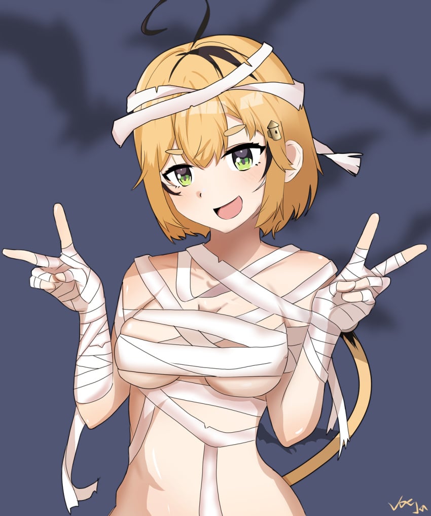 artist_name bandage_bra blonde_hair dooby3d green_eyes halfbody halloween_costume indie_virtual_youtuber jerboa jerboa_humanoid joeja mummy_wrappings open_mourh peace_sign tail virtual_youtuber watermark