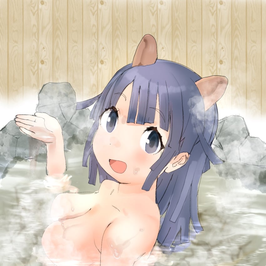 :d animal_ears bangs bath bathing black_eyes black_hair blue_eyes blue_hair blush breasts crusaderkun5 female female giant_armadillo_(kemono_friends) large_breasts long_hair looking_at_viewer medium_breasts nude onsen open_mouth partially_submerged rock smile solo steam towel water wet