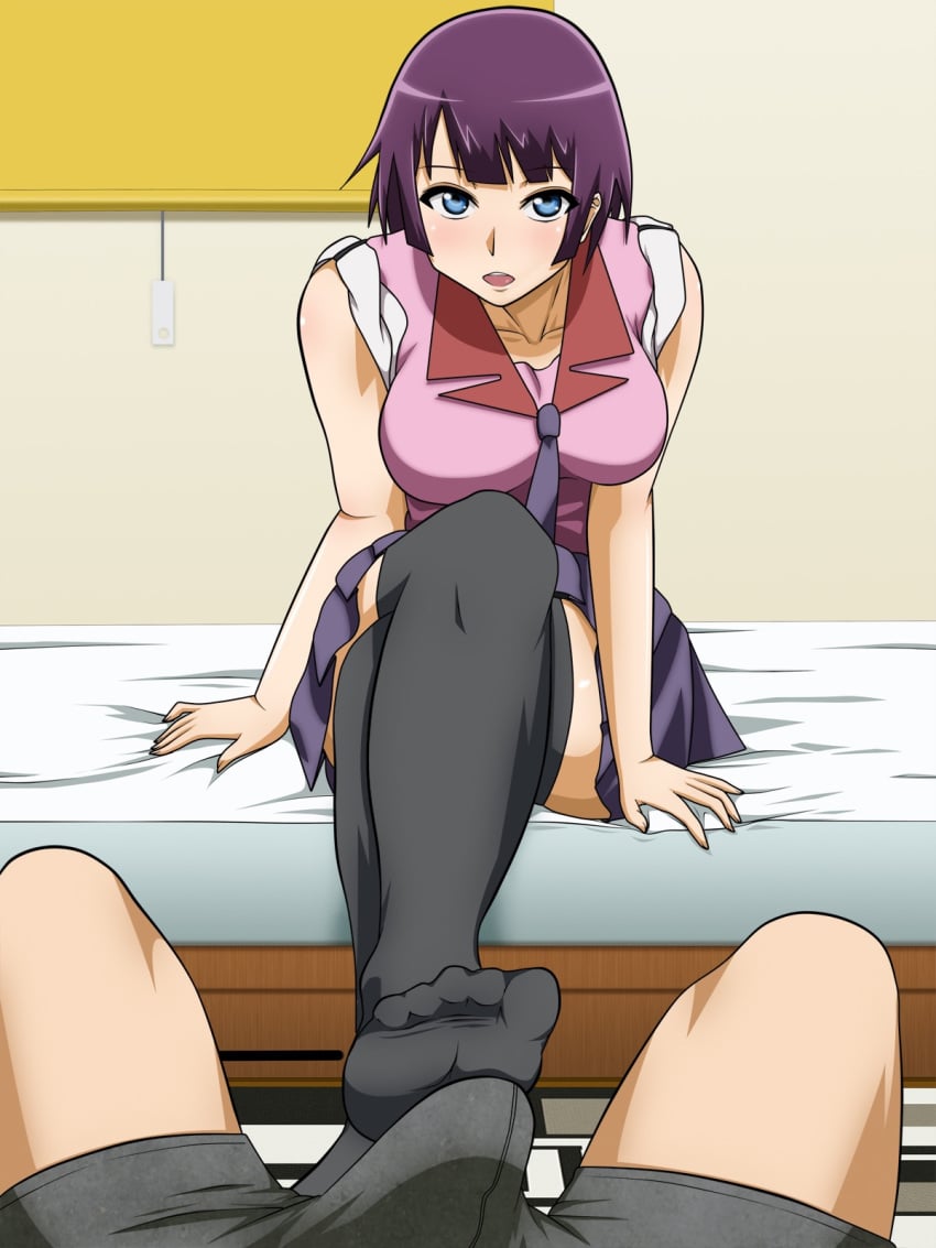 bakemonogatari bed black_legwear blue_eyes blush breasts crossed_legs erection feet female footjob highres large_breasts legs looking_at_viewer lying monogatari_(series) necktie no_shoes open_mouth penis purple_hair school_uniform senjougahara_hitagi short_hair sitting skirt thighs toes