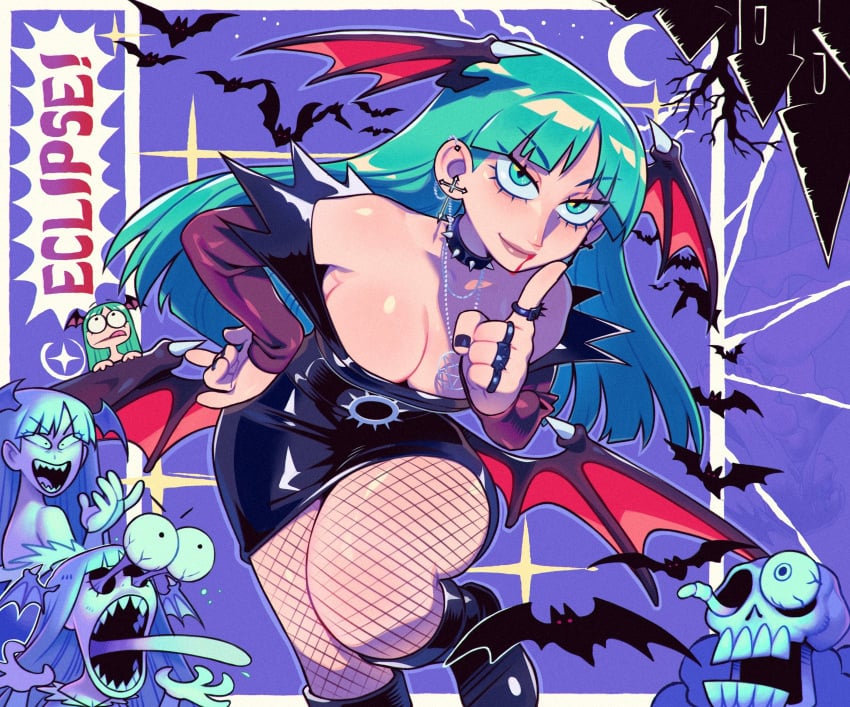 1girls arm_sleeves bat blood_from_mouth capcom darkstalkers dress female female_only fishnets green_eyes green_hair head_wings hi_res long_hair looking_at_viewer morrigan_aensland slit_pupils smiling smiling_at_viewer speedosausage succubus succubus_wings thick_thighs wings