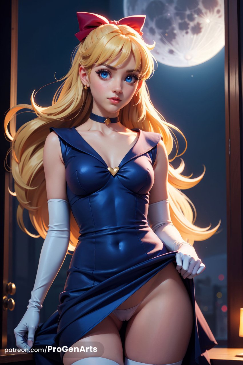 1girls ai_generated aino_minako artist_name bishoujo_senshi_sailor_moon black_choker blonde_hair blue_choker blue_dress blue_eyes bow breasts cameltoe choker clothes_lift collarbone covered_navel covered_nipples cowboy_shot dress dress_lift earrings elbow_gloves full_moon gloves hairbow hi_res jewelry lifted_by_self lips long_hair looking_at_viewer medium_breasts minako_aino mole moon night panties patreon_username progenarts red_bow sailor_jupiter sleeveless sleeveless_dress solo standing thigh_gap thighhighs underwear web_address white_gloves white_panties white_thighhighs window