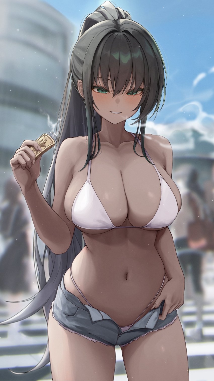 bangs big_breasts bikini bikini_top black_hair breasts clothes clothes_pull clothing dark-skinned_female dark_skin denim denim_shorts green_eyes gwan-e long_ponytail looking_at_viewer navel original original_character ponytail public shorts skindentation smile smoke smoke_from_mouth smoking suiryoku_sana tagme thighs thong thong_bikini torn_shorts unbuttoned unbuttoned_shorts vape