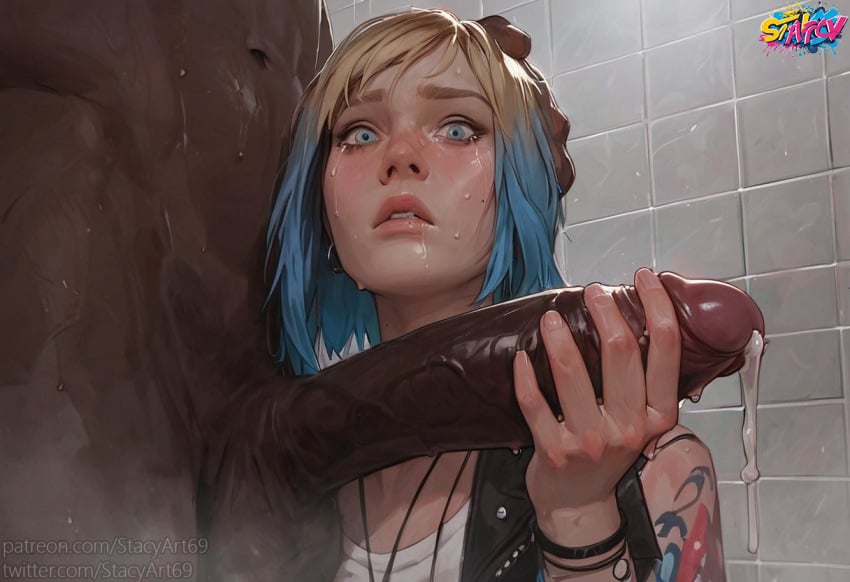 1boy 1boy1girl 1girls 2d ai_generated big_penis blue_eyes blue_hair chloe_price cum dark-skinned_male female female_focus hand_on_head handjob interracial lesbian_with_male life_is_strange looking_at_viewer penis stacyart69