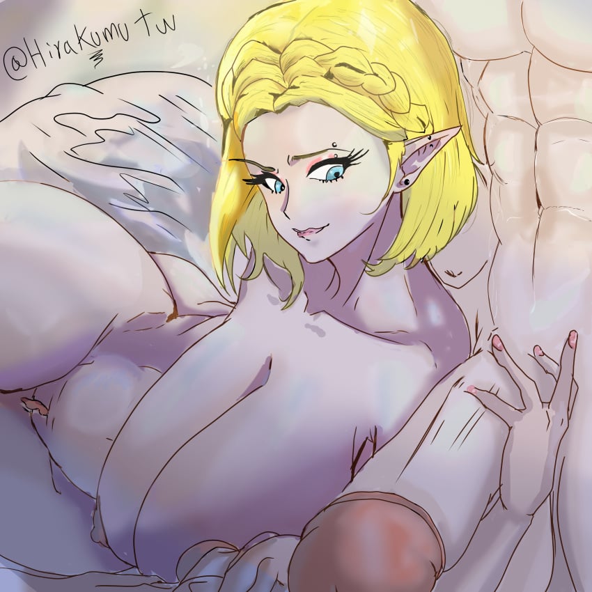 1:1 1boy 1girls abs absurd_res artist_name big_breasts big_penis blonde_hair blue_eyes breath_of_the_wild elf elf_ears highres hirakumutw holding_penis large_breasts long_ears looking_at_penis lying lying_on_side muscular muscular_male nude nude_female pale-skinned_female pale-skinned_male pale_skin pointy_ears princess_zelda short_hair tears_of_the_kingdom the_legend_of_zelda twitter_username zelda_(breath_of_the_wild)