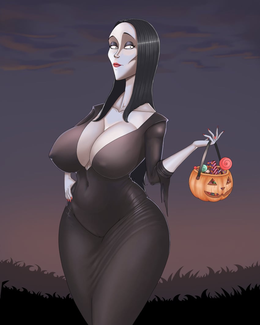 2024 2d big_breasts black_hair breasts busty eyeshadow female female_focus female_only goth goth_girl halloween hourglass_figure large_breasts lipstick long_hair makeup morticia_addams pale-skinned_female pale_skin pale_skinned_female selttask tagme the_addams_family trick_or_treat wide_hips