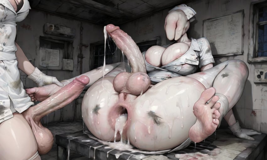 after_anal ai_generated bubble_head_nurse cum cum_in_ass feet futanari silent_hill