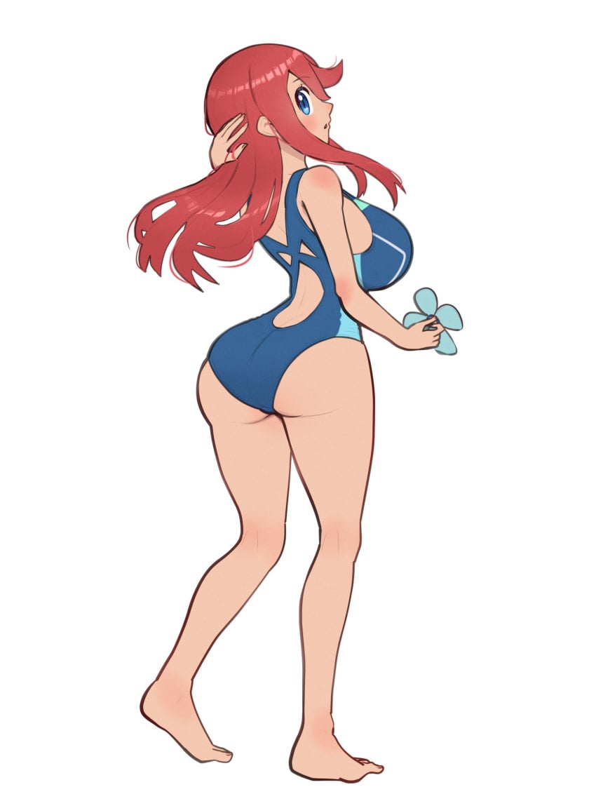 ass barefoot big_breasts blue_eyes blue_one-piece_swimsuit blue_swimsuit breasts clothing competition_swimsuit feet female from_behind gonzarez hair_ornament holding large_breasts legs long_hair looking_at_viewer looking_back one-piece_swimsuit pokemon pokemon_(game) pokemon_character red_hair skyla_(pokemon) smile solo standing swimsuit tank_suit thighs toes