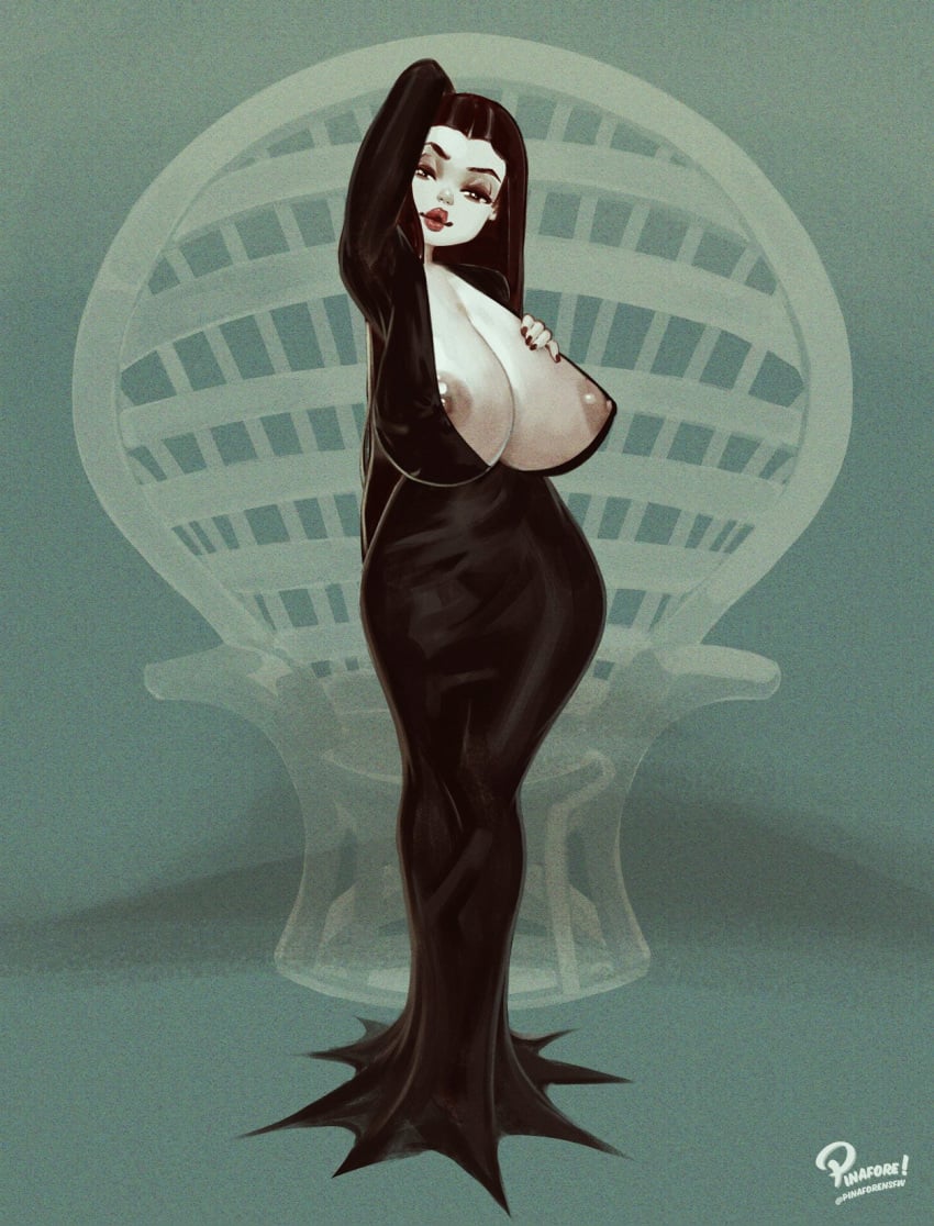 2d 2d_(artwork) big_breasts black_hair breasts busty female female_focus female_only full_body hourglass_figure lipstick long_hair makeup milf morticia_addams pale-skinned_female pale_skin pinafore_(artist) standing tagme the_addams_family wide_hips