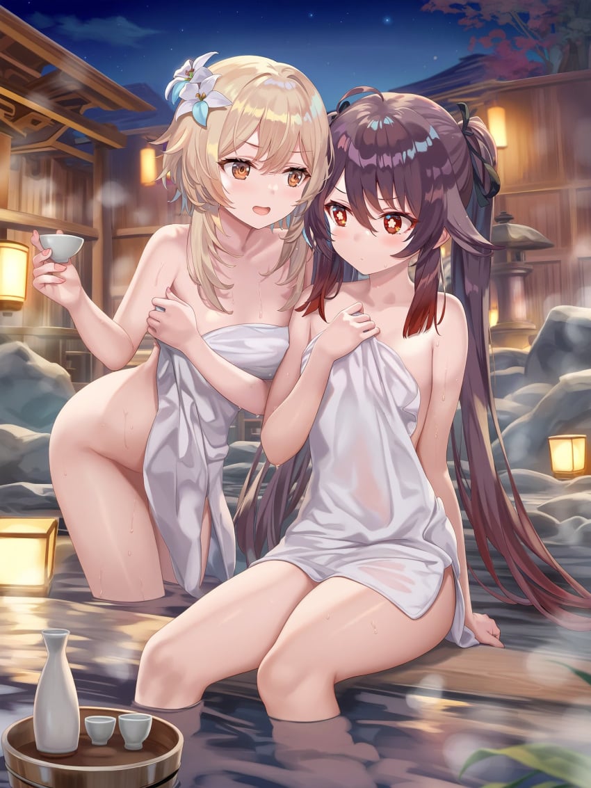 2girls blonde_hair flower_in_hair genshin_impact hairband hot_spring hu_tao_(genshin_impact) lantern long_hair lumine_(genshin_impact) onsen poi______1 sake sake_bottle sake_cup sitting standing_in_water symbol-shaped_pupils towel