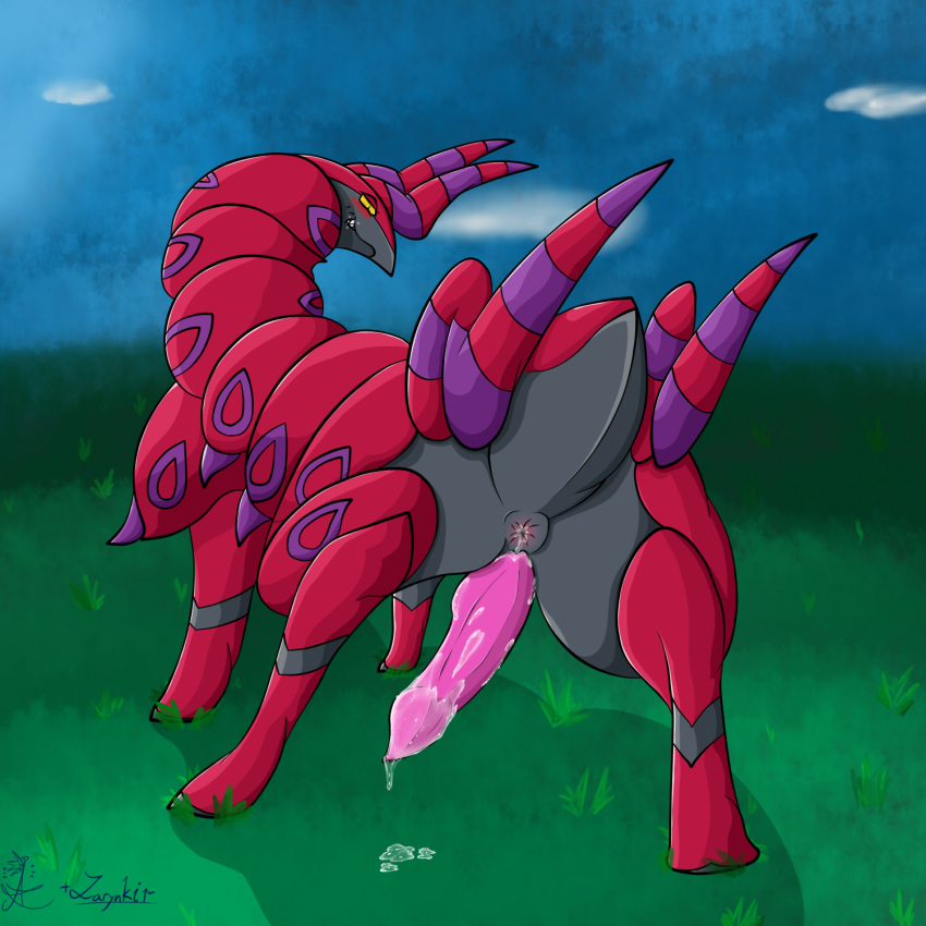 arthropod asbel_lhant_(artist) ass blush cum cum_inside cum_on_penis grin horn insects larynkir leaking male male_only nintendo no_humans penis pokemon precum scolipede simple_background solo tagme