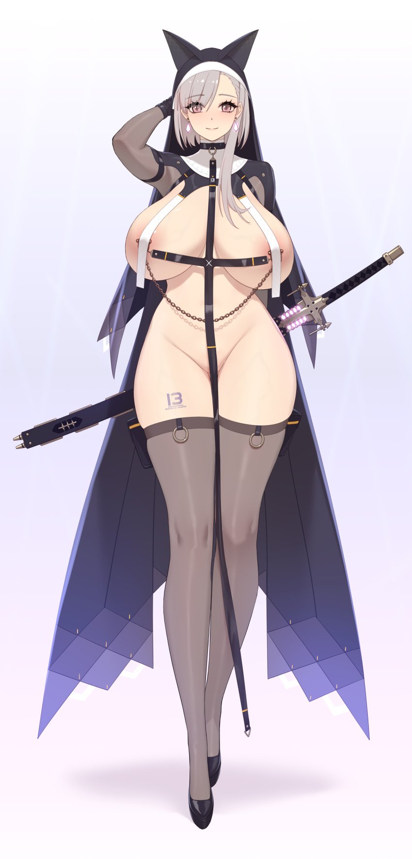 absurdres animal_ears black_thighhighs breast_curtains fake_animal_ears female highres holding holding_sword holding_weapon nipple_chain nipple_piercing nun original piercing rekaerb_maerd sword thighhighs weapon