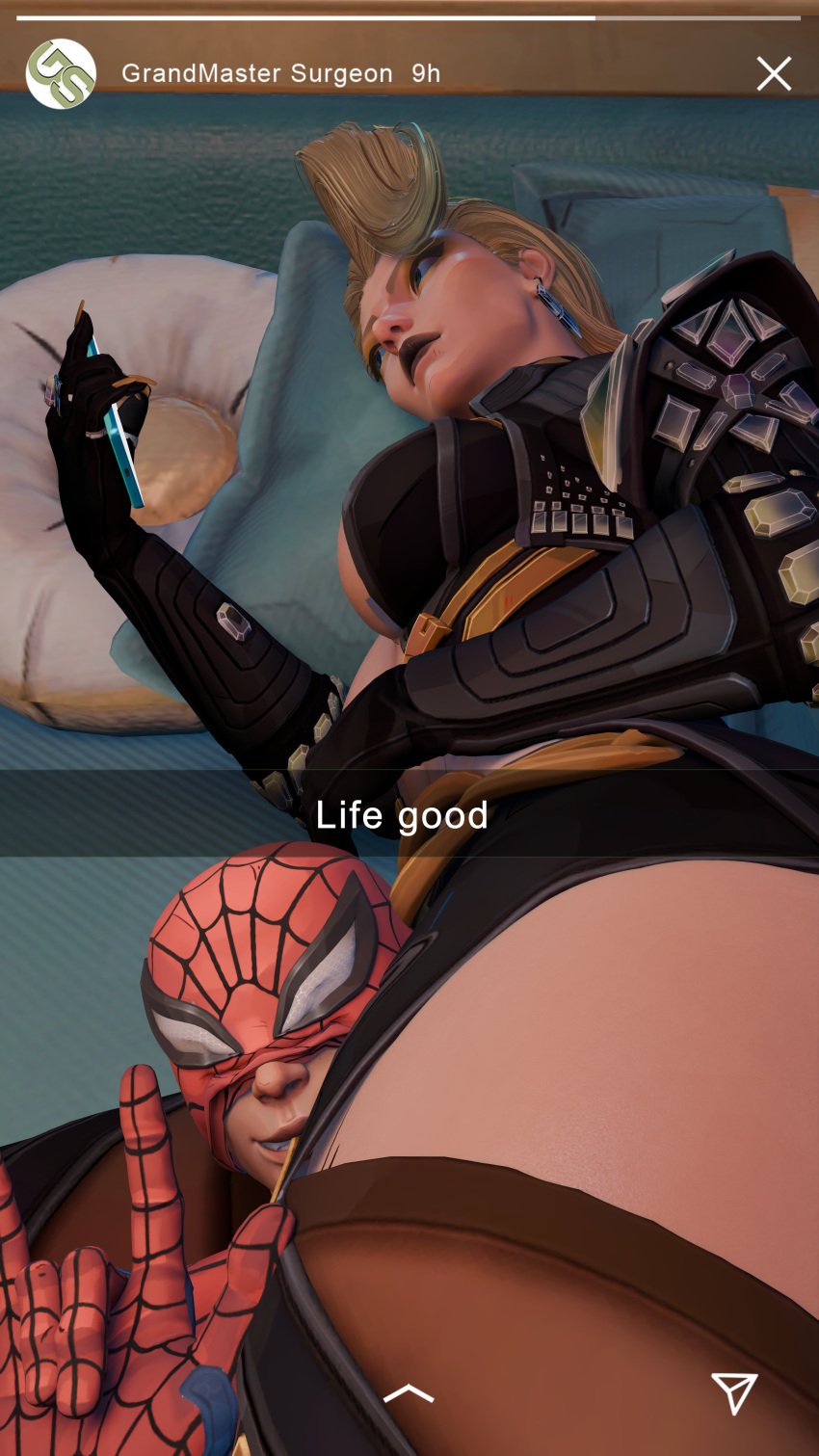 absurd_res alternate_costume blonde_hair emma_frost emma_frost_(marvel_rivals) grandmastersurgeon marvel marvel_comics marvel_rivals peter_parker selfie snapchat spider-man spider-man_(series) thigh_crush thighs x-men